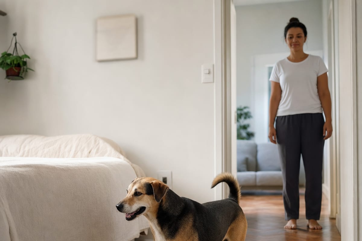 Cão adulto em primeiro plano em uma sala clara, com uma mulher ao fundo junto a uma passagem para outro cômodo.