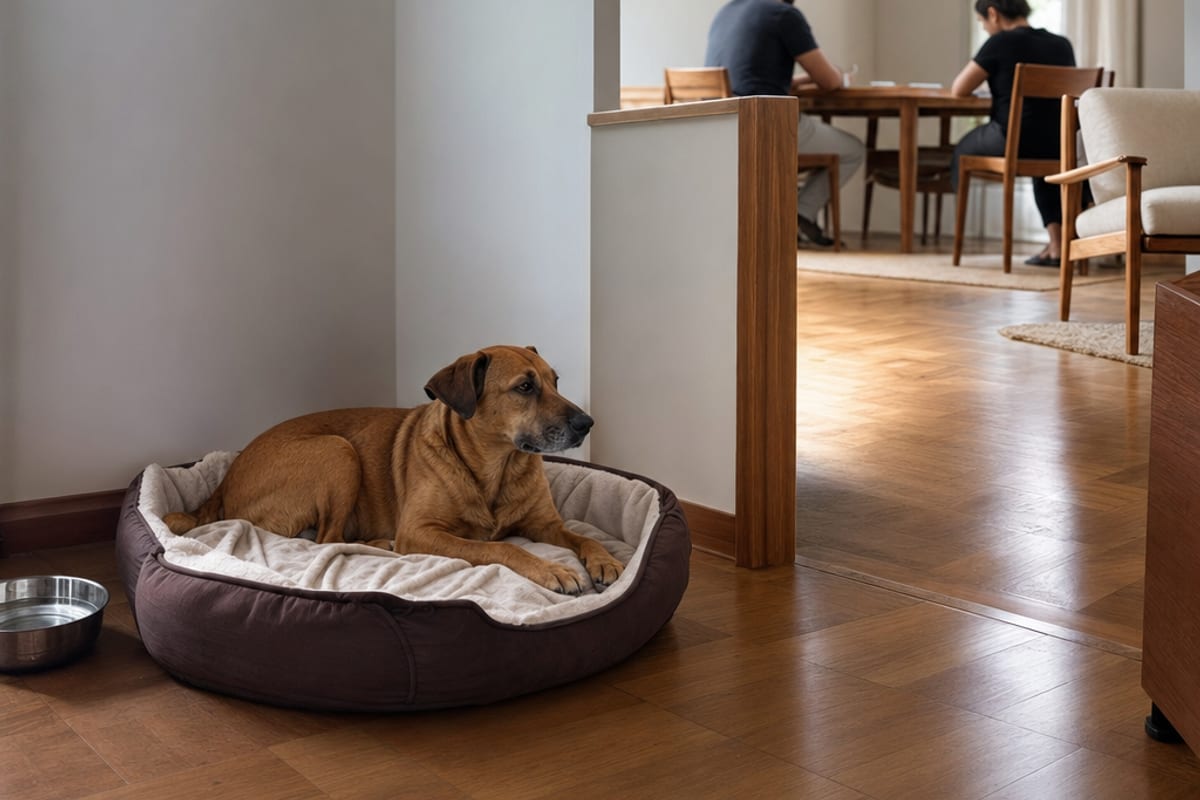 Cão adulto adotado descansa em uma cama aberta num canto com pouco trânsito, água próxima e duas rotas livres para se afastar.
