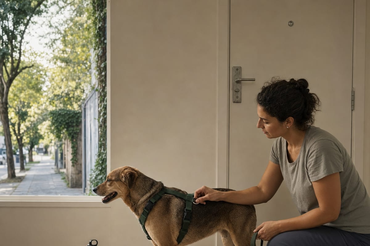Uma pessoa ajusta o peitoral verde de um cão de porte médio perto de uma porta fechada.