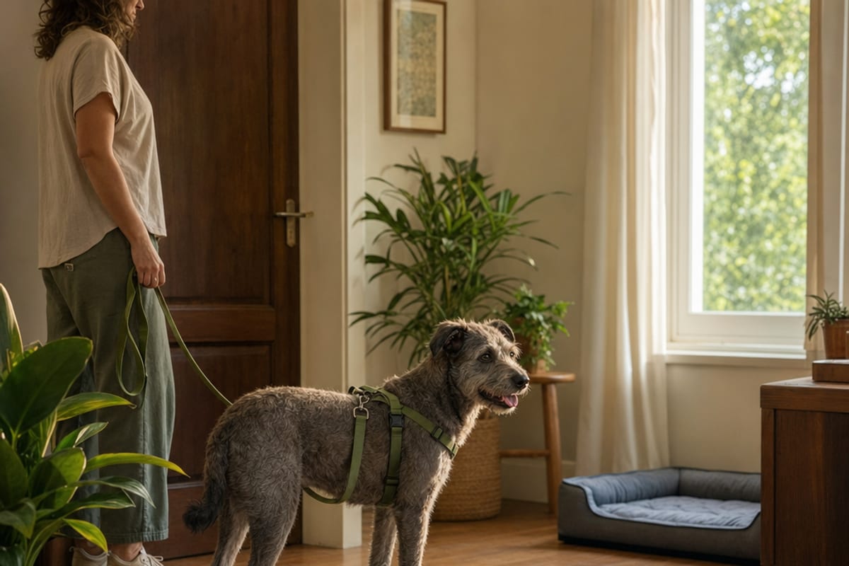 Cão com peitoral entra em uma sala calma, com cama livre no piso e uma pessoa que segura uma guia frouxa ao fundo.