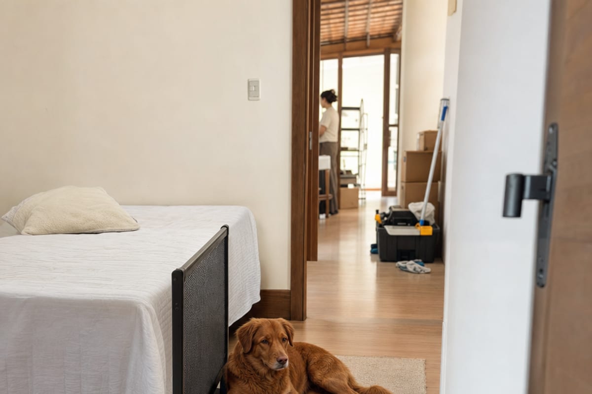 Cão deitado em um quarto tranquilo ao lado de uma barreira curta; uma porta aberta deixa passagem ao corredor, onde caixas e ferramentas ficam distantes.