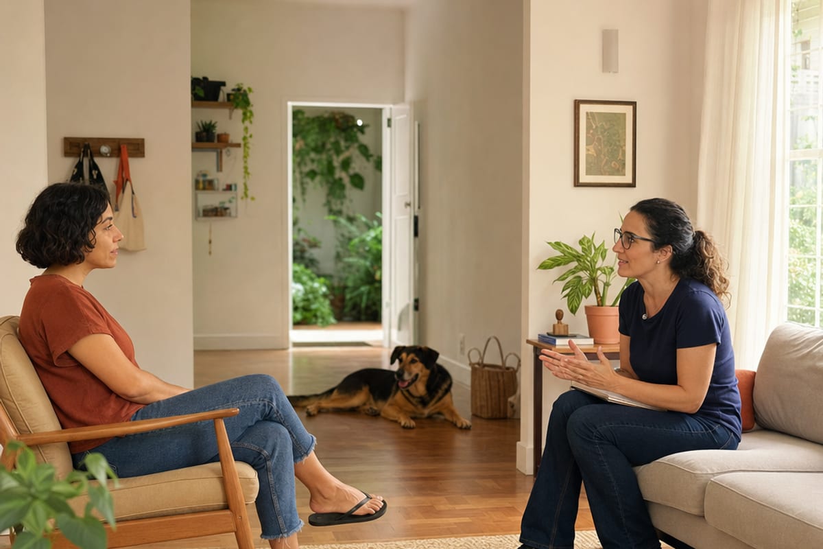 Duas pessoas conversam em uma sala clara enquanto um cão descansa ao fundo, distante das duas e com uma porta aberta ao fundo.