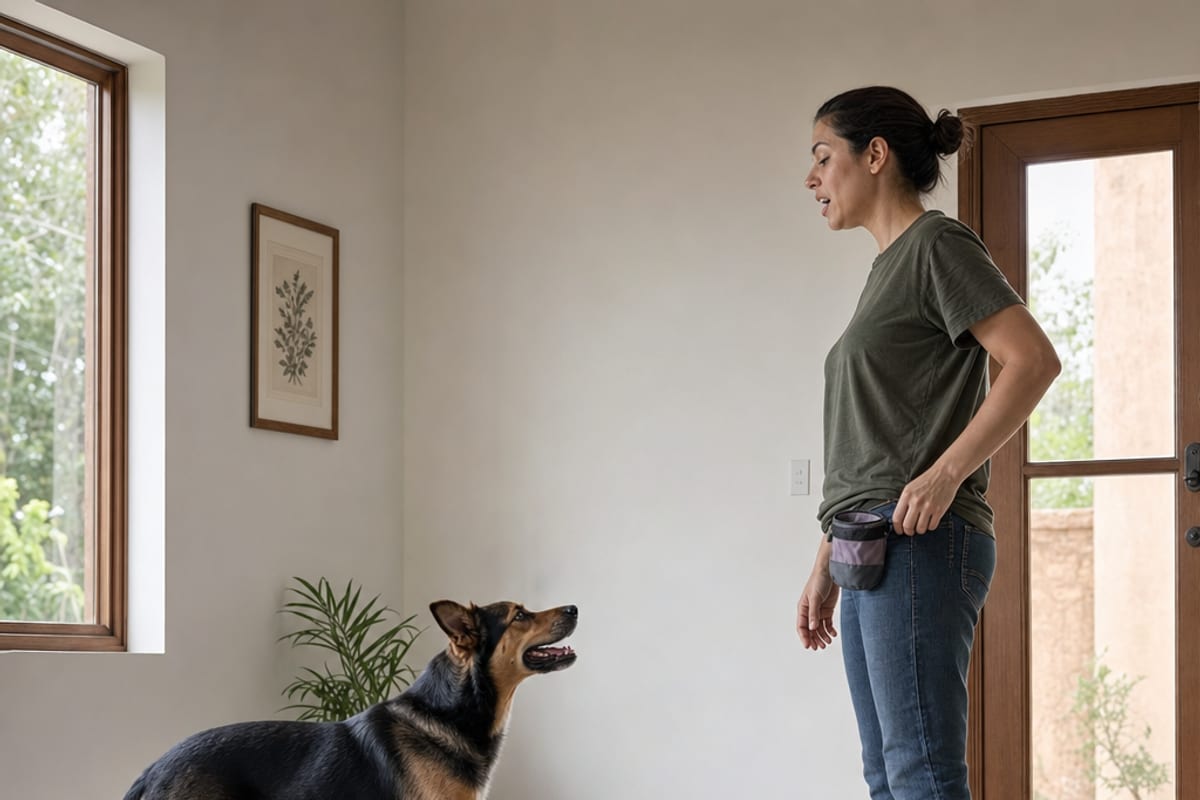 Cão acaba de tocar um tapete com a pata enquanto a pessoa marca o momento e só então leva a mão até a bolsa de recompensas.