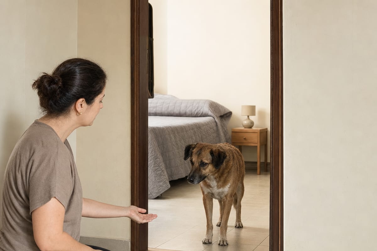 Cão e pessoa ficam perto de uma passagem interna aberta entre dois cômodos tranquilos.