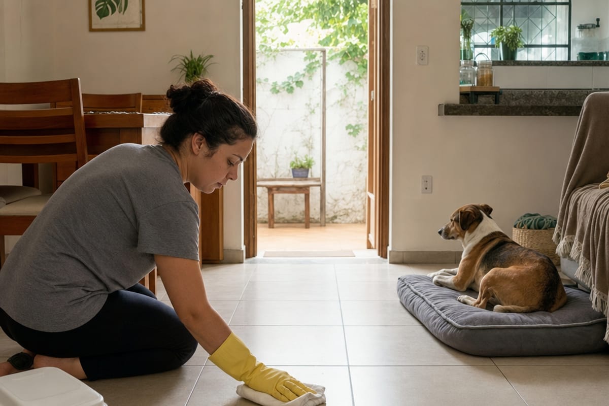 Pessoa limpa calmamente uma pequena área do piso enquanto o cão relaxa à distância com caminho livre para sair do cômodo.