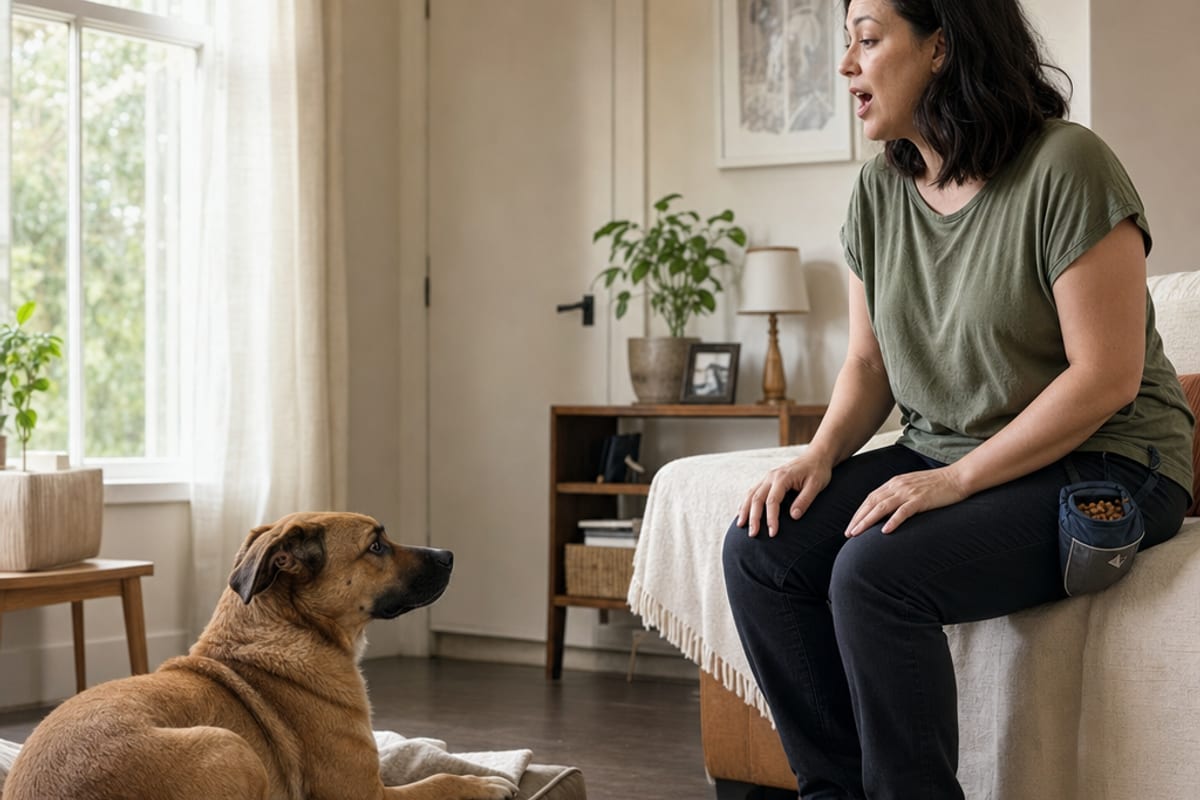 Pessoa fala calmamente no instante em que o cão orienta a cabeça, com a recompensa ainda guardada e ambiente doméstico tranquilo.