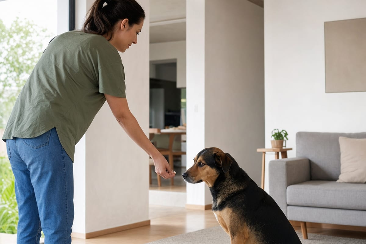 Cão oferece uma posição sentada voluntária sobre tapete firme enquanto uma pessoa mantém a mão baixa e o corpo afastado.