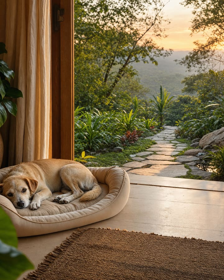 Cão pequeno descansa em uma cama aberta ao lado de uma varanda com acesso livre ao jardim.