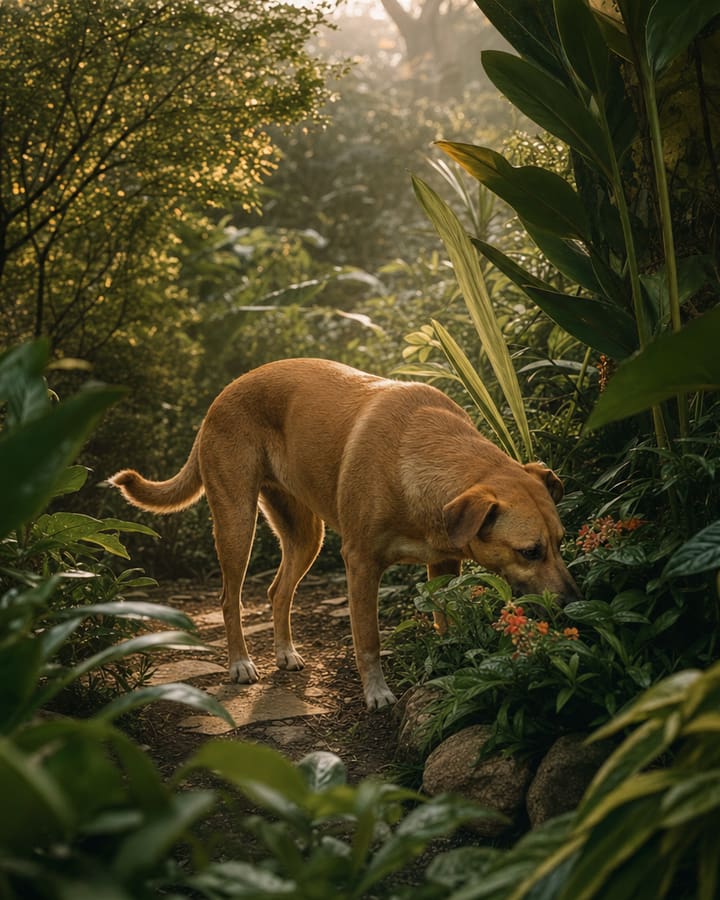 Cão caramelo fareja plantas com o corpo solto em um jardim fechado.